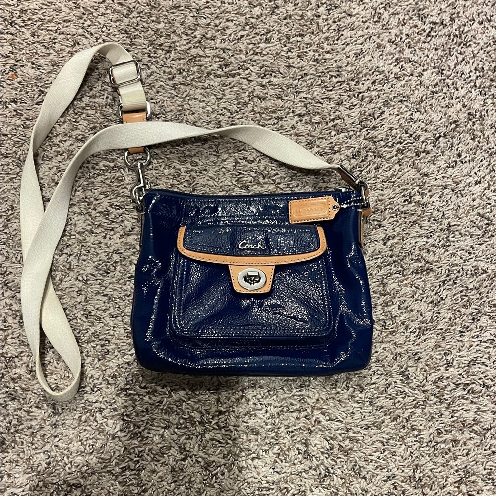 Coach Shiny Navy and Tan Crossbody Bag